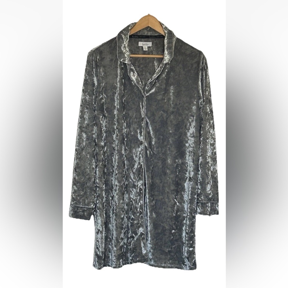 Nicole Miller Crushed‎ Velvet Nightgown Nightshirt Size XL Gray Button Front